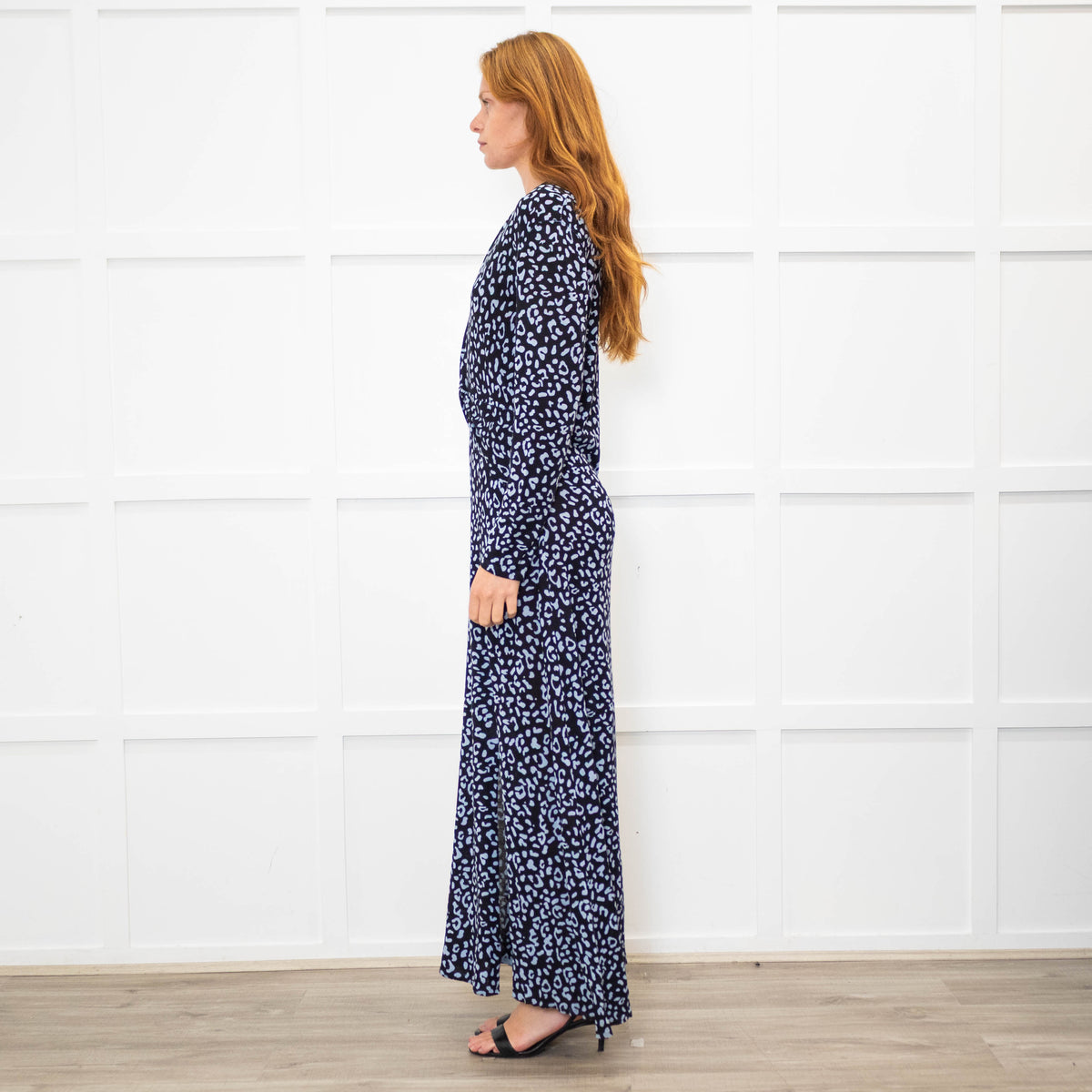 Rixo Black Blue Animal Print Jersey V-Neck Dress