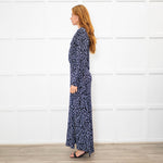 Rixo Black Blue Animal Print Jersey V-Neck Dress