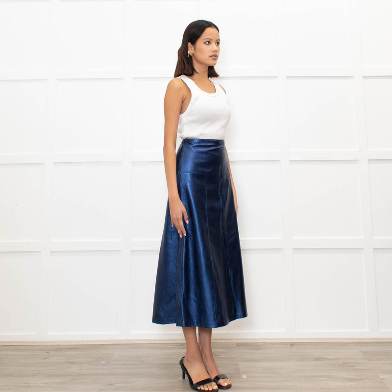 Cefinn Blue Metallic Leather Midi Skirt