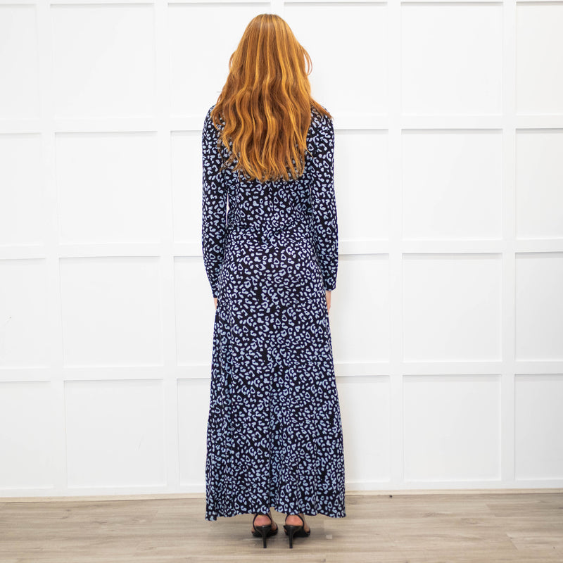 Rixo Black Blue Animal Print Jersey V-Neck Dress