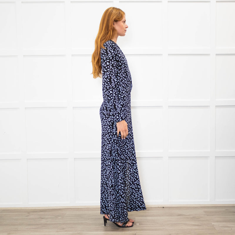 Rixo Black Blue Animal Print Jersey V-Neck Dress
