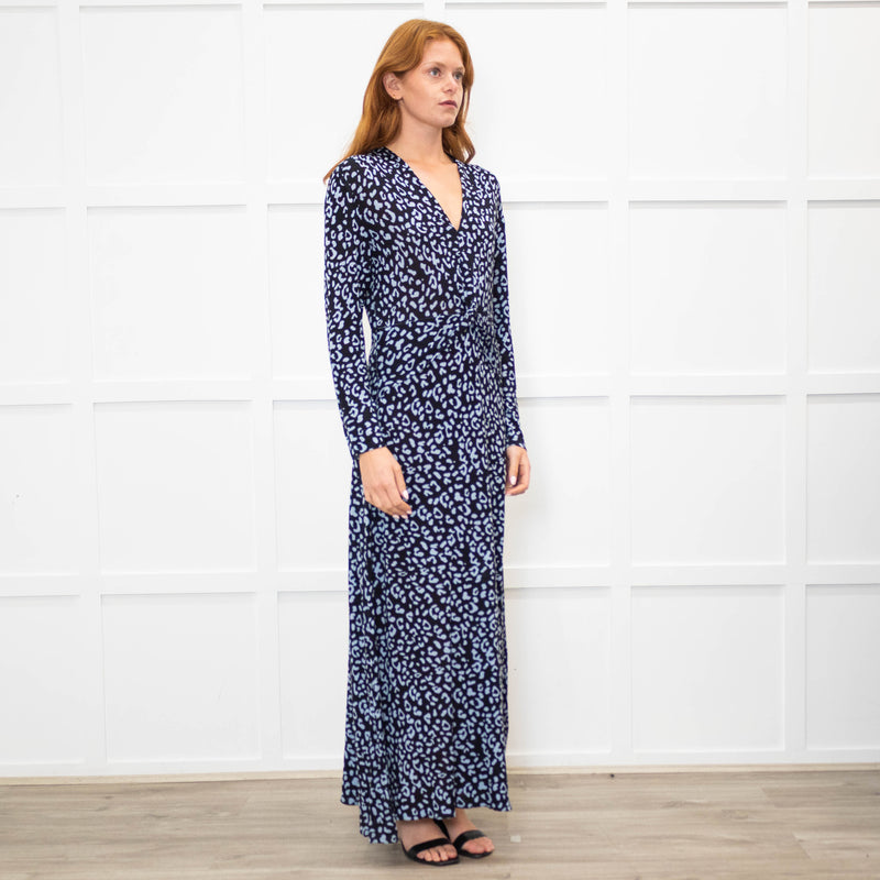 Rixo Black Blue Animal Print Jersey V-Neck Dress