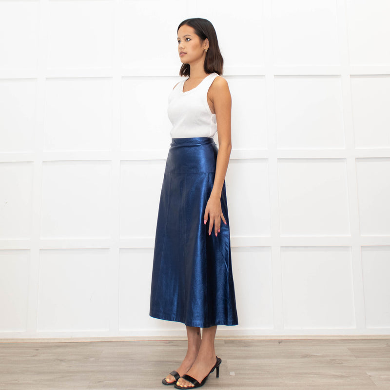 Cefinn Blue Metallic Leather Midi Skirt