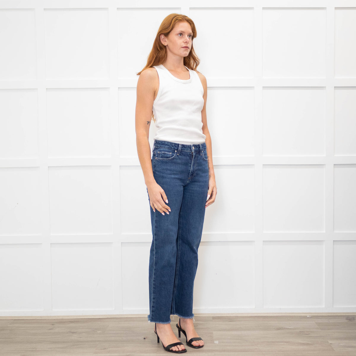 Paige Dark Blue Straight Leg Jeans With Pocket stitch