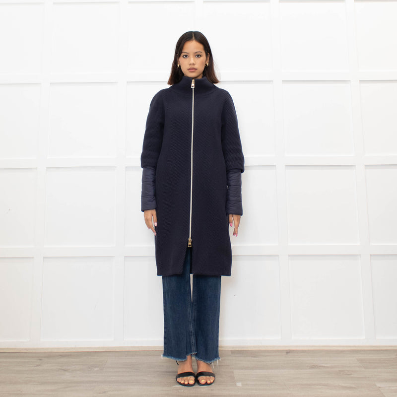 Herno Dark Blue Wool Zipped Coat with Puffer Cuffs