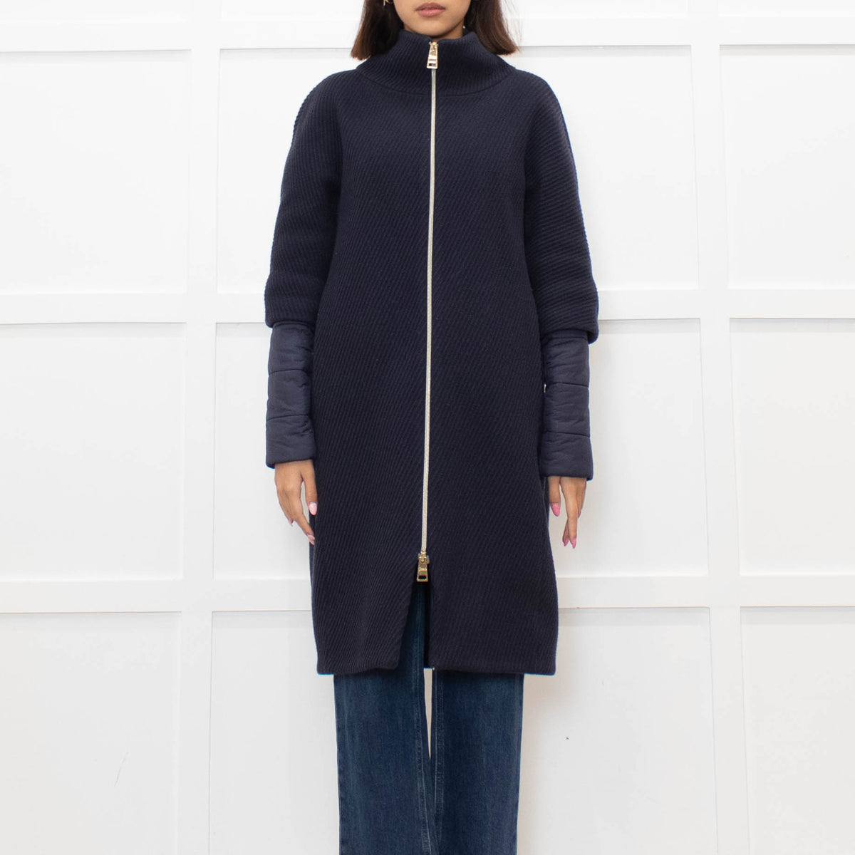 Herno Dark Blue Wool Zipped Coat with Puffer Cuffs