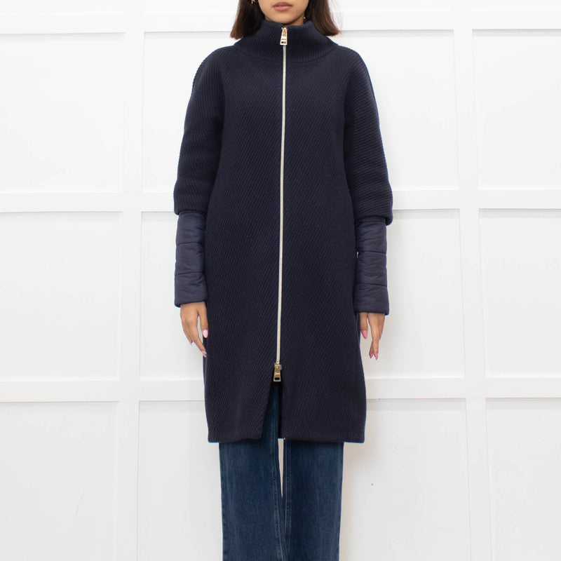 Herno Dark Blue Wool Zipped Coat with Puffer Cuffs