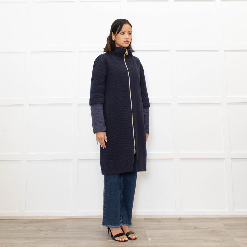Herno Dark Blue Wool Zipped Coat with Puffer Cuffs