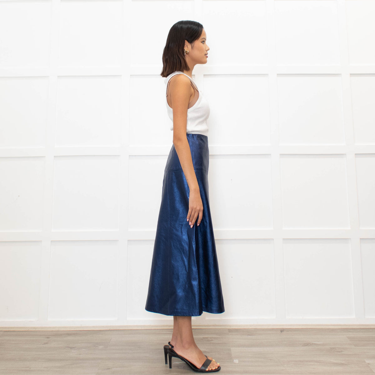 Cefinn Blue Metallic Leather Midi Skirt