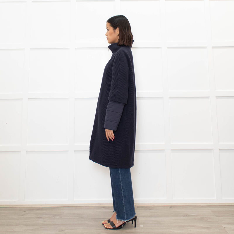 Herno Dark Blue Wool Zipped Coat with Puffer Cuffs