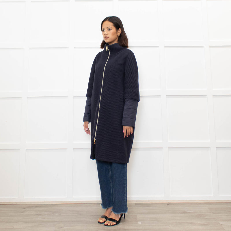 Herno Dark Blue Wool Zipped Coat with Puffer Cuffs