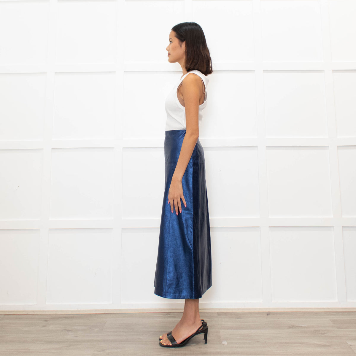 Cefinn Blue Metallic Leather Midi Skirt