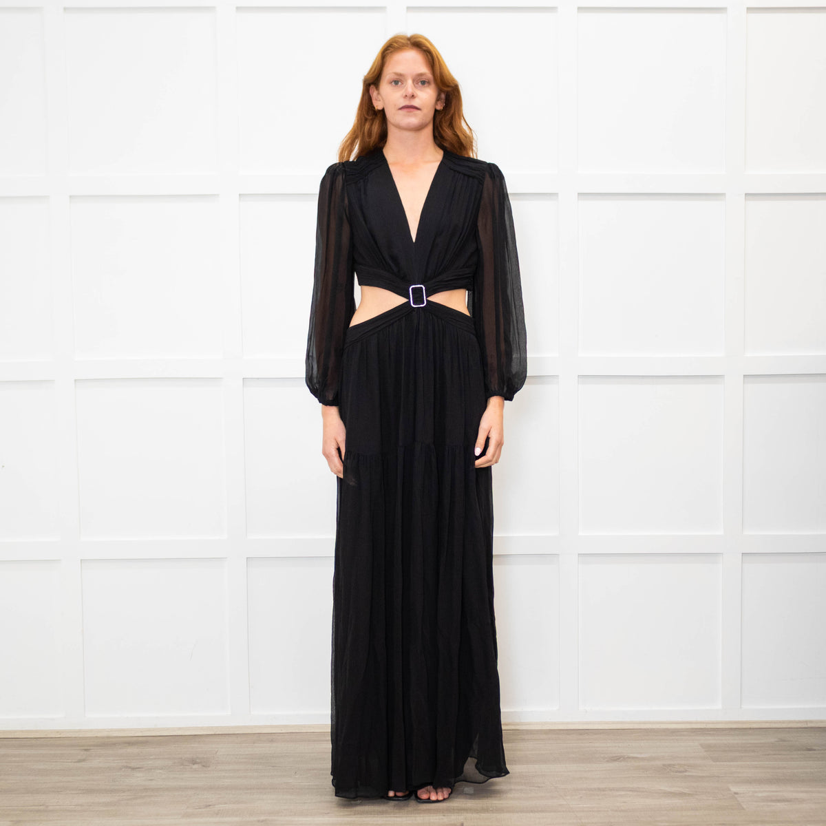 Ba&sh Black Tiered Cut Out Crystal Buckle Long Dress