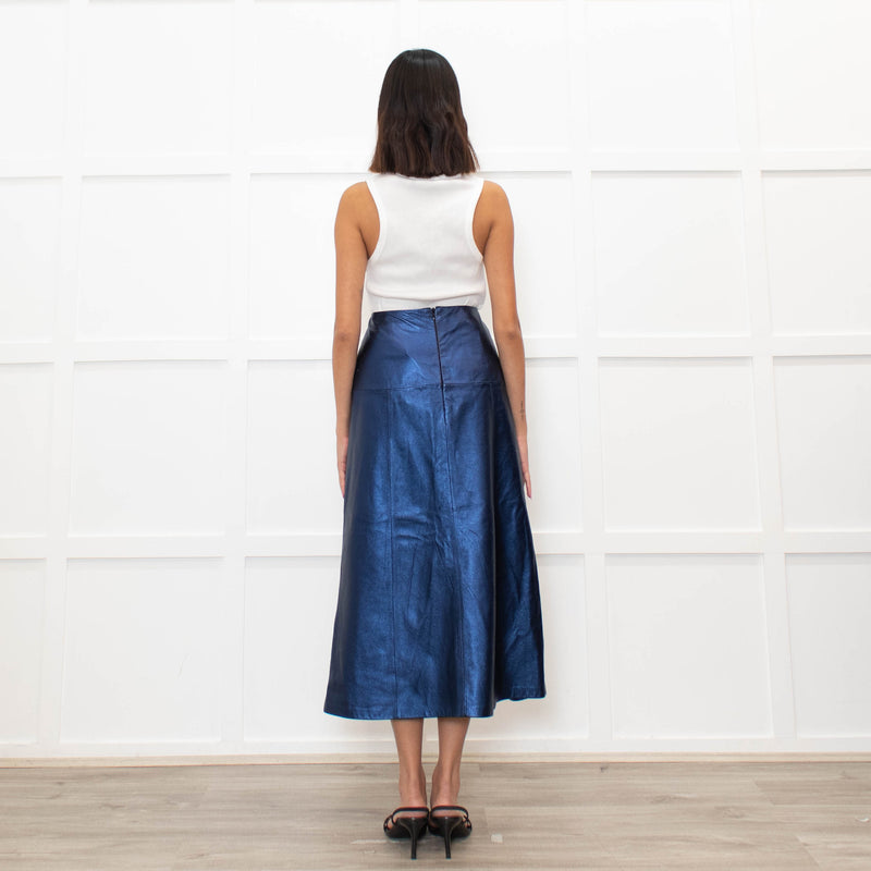 Cefinn Blue Metallic Leather Midi Skirt