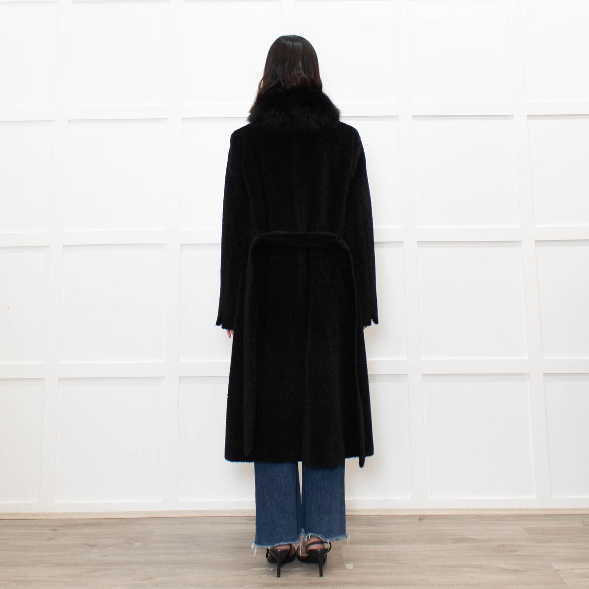 Max Mara Studio Black Alpaca Coat with Fox Fur Collar