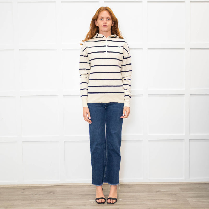 Raey Cream Navy Striped Merino Wool Hooded Sweater