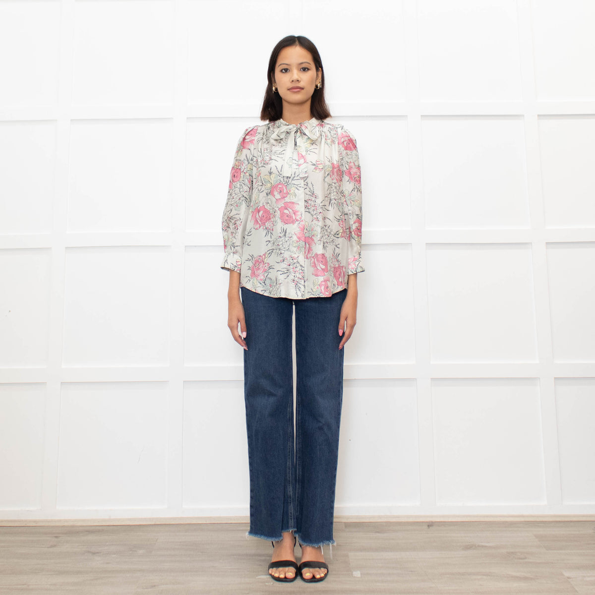 Zadig & Voltaire Pale Green and Pink Floral Tie Neck Blouse