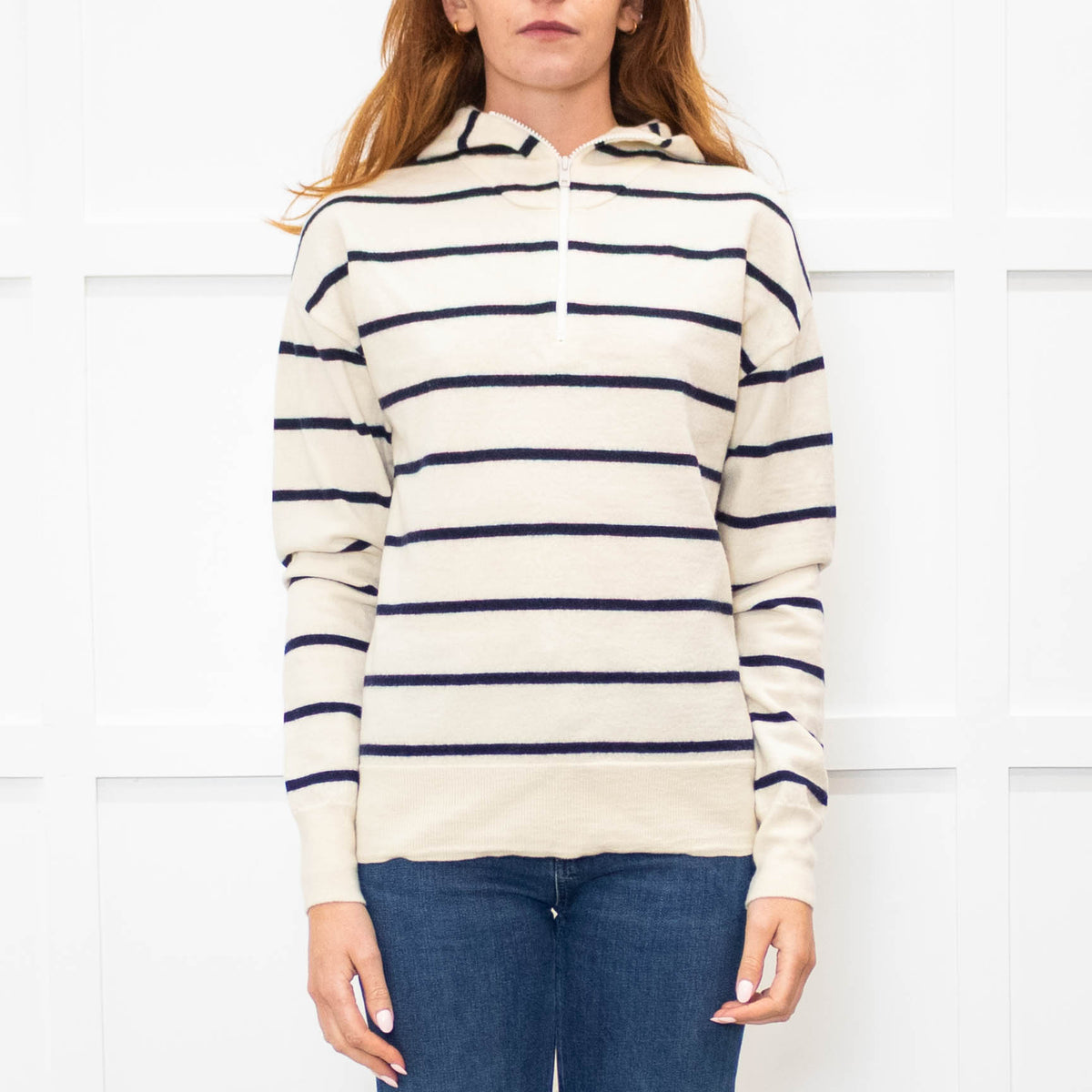 Raey Cream Navy Striped Merino Wool Hooded Sweater
