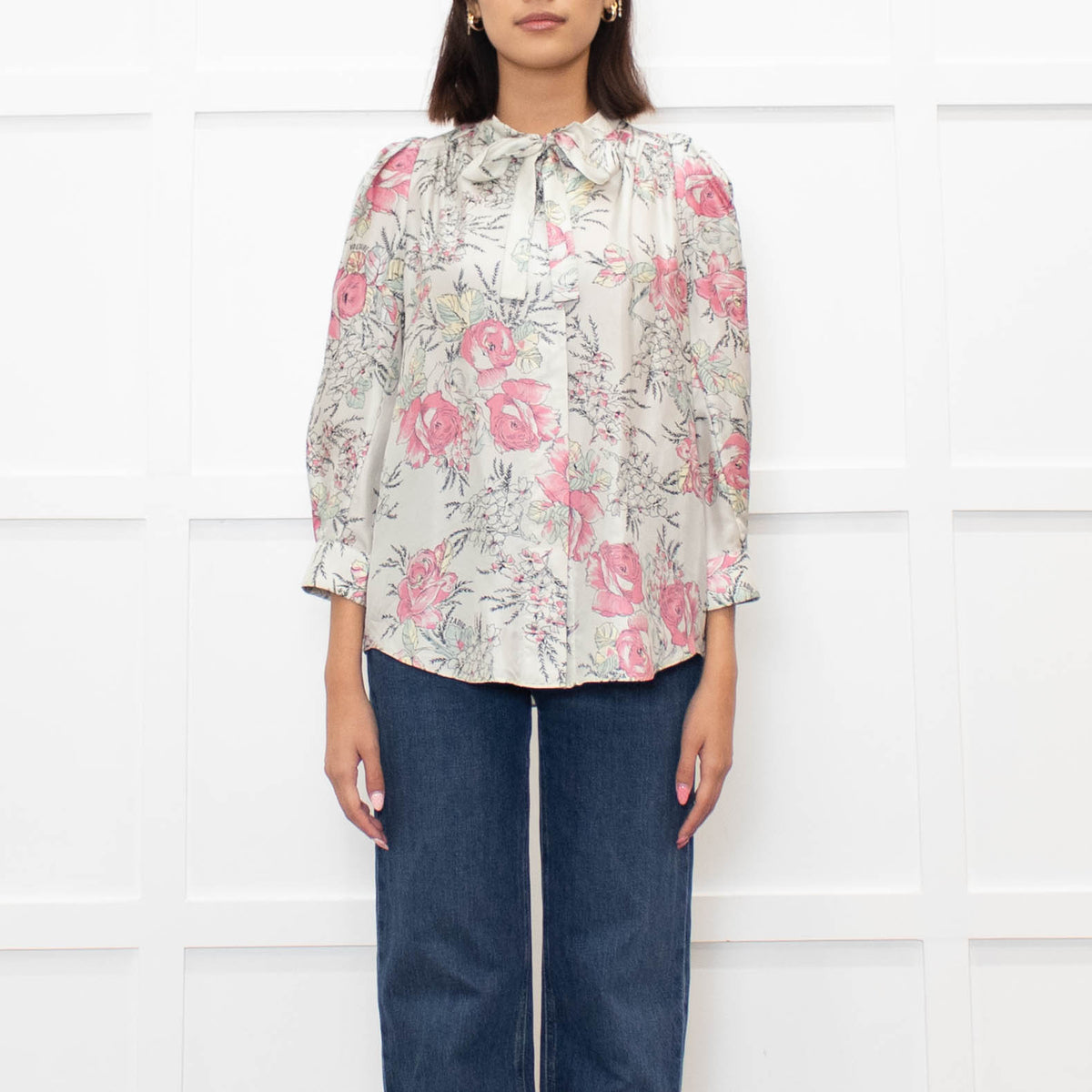 Zadig & Voltaire Pale Green and Pink Floral Tie Neck Blouse