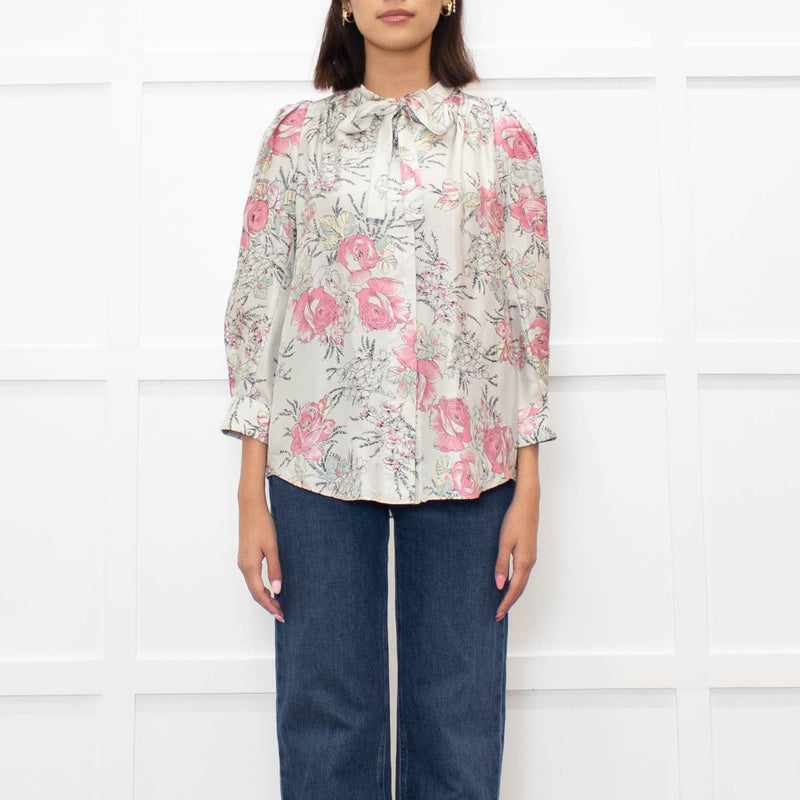 Zadig & Voltaire Pale Green and Pink Floral Tie Neck Blouse