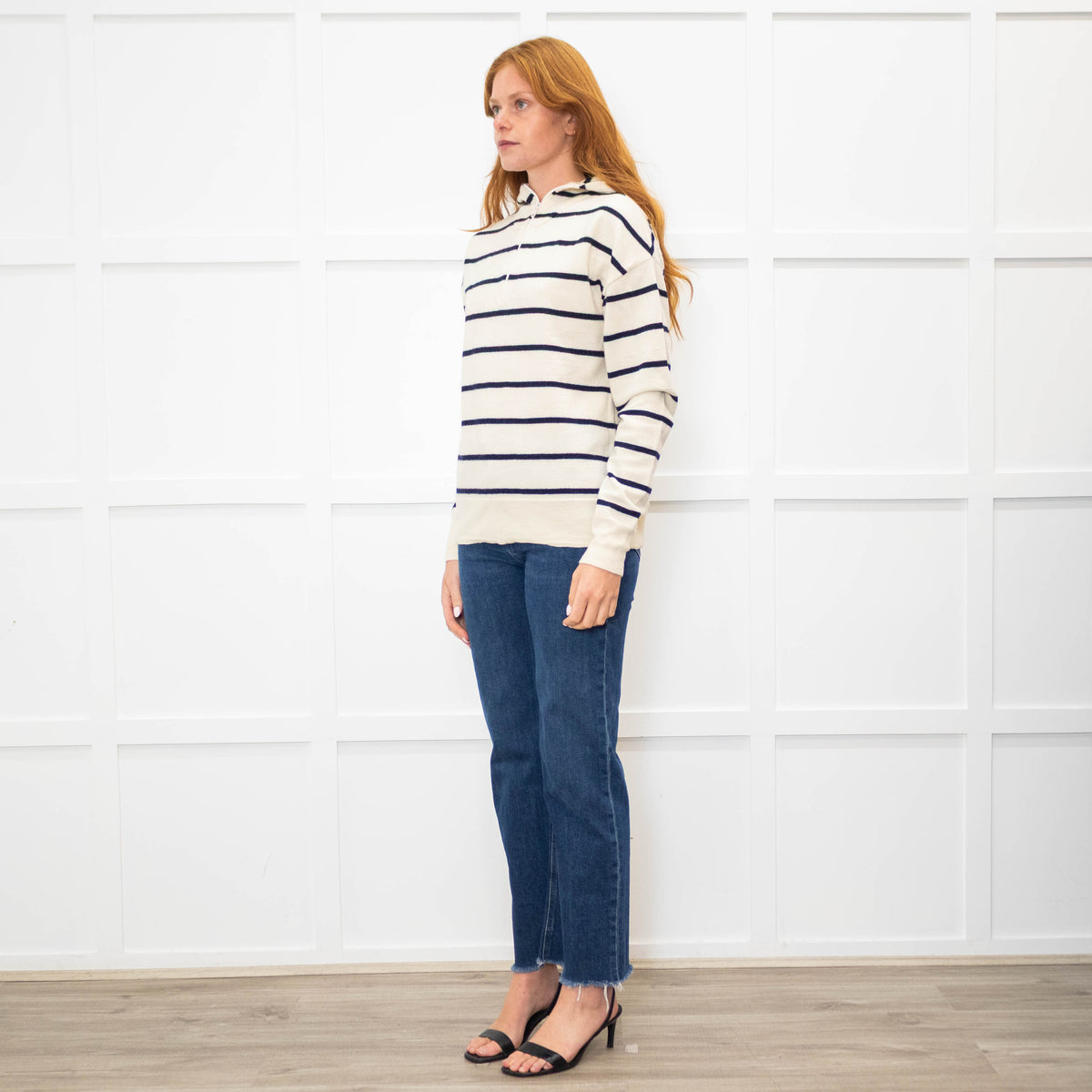 Raey Cream Navy Striped Merino Wool Hooded Sweater