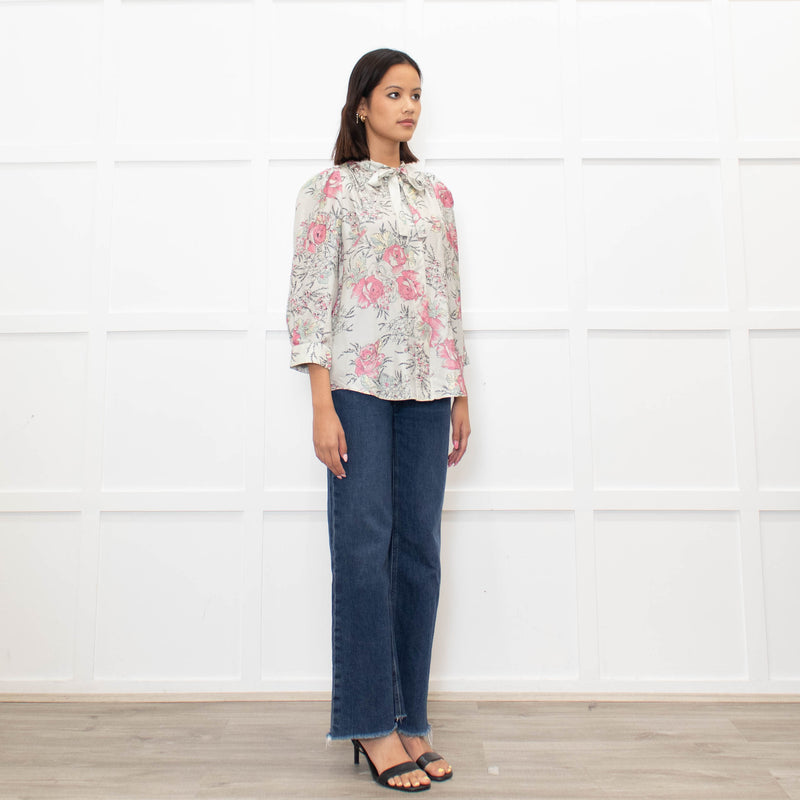 Zadig & Voltaire Pale Green and Pink Floral Tie Neck Blouse