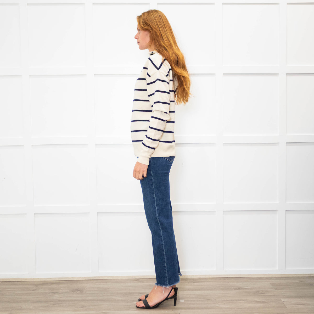 Raey Cream Navy Striped Merino Wool Hooded Sweater