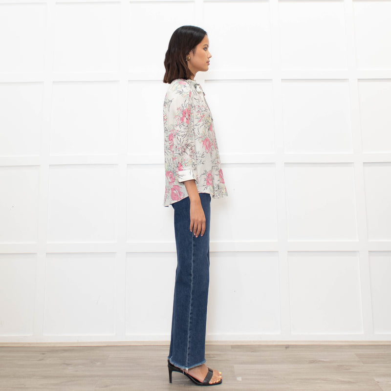Zadig & Voltaire Pale Green and Pink Floral Tie Neck Blouse