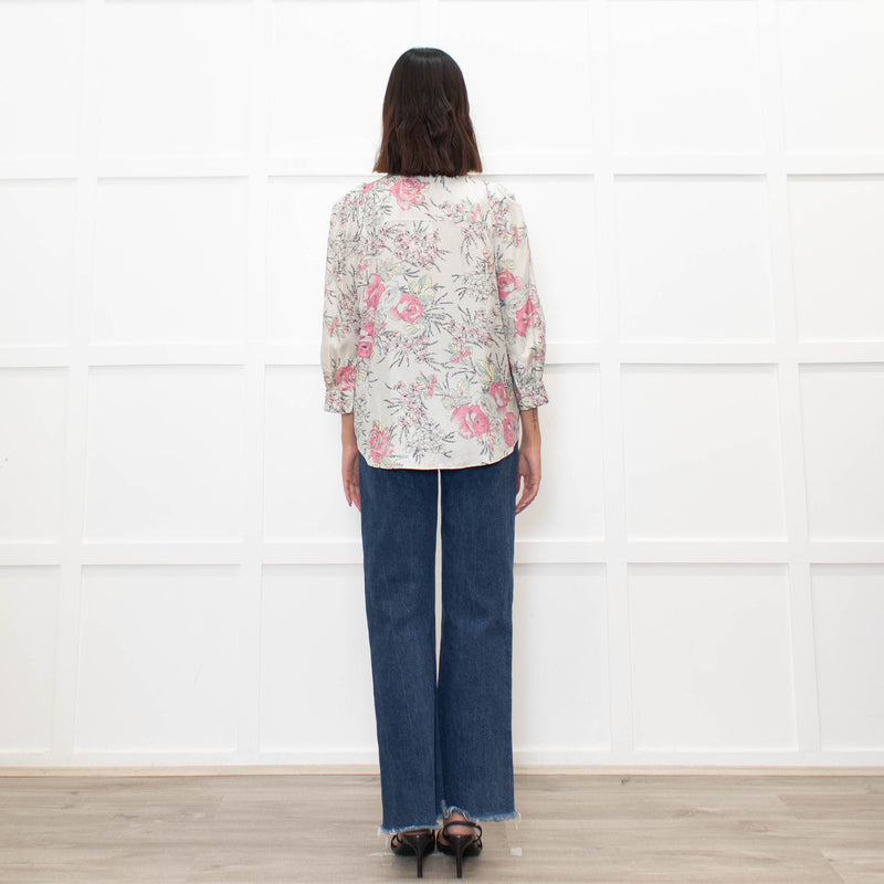 Zadig & Voltaire Pale Green and Pink Floral Tie Neck Blouse