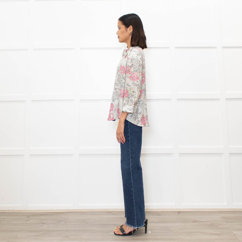 Zadig & Voltaire Pale Green and Pink Floral Tie Neck Blouse