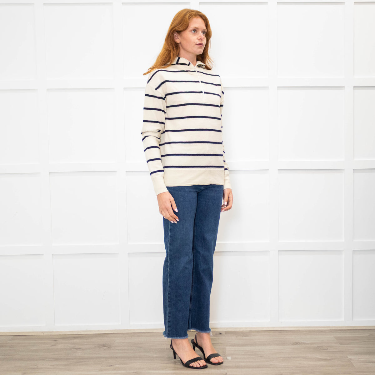 Raey Cream Navy Striped Merino Wool Hooded Sweater
