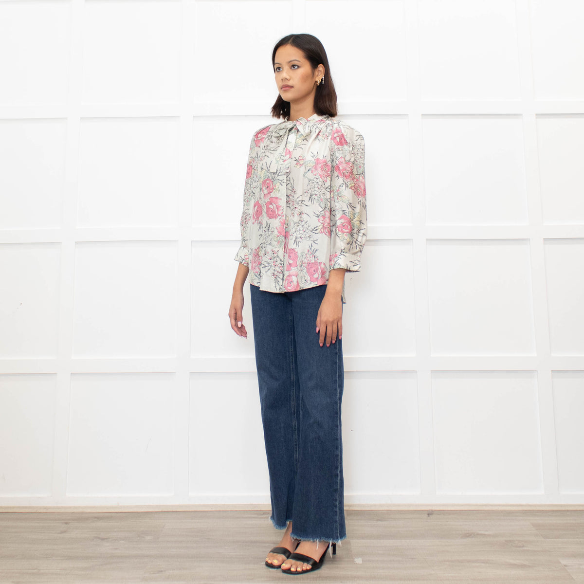 Zadig & Voltaire Pale Green and Pink Floral Tie Neck Blouse