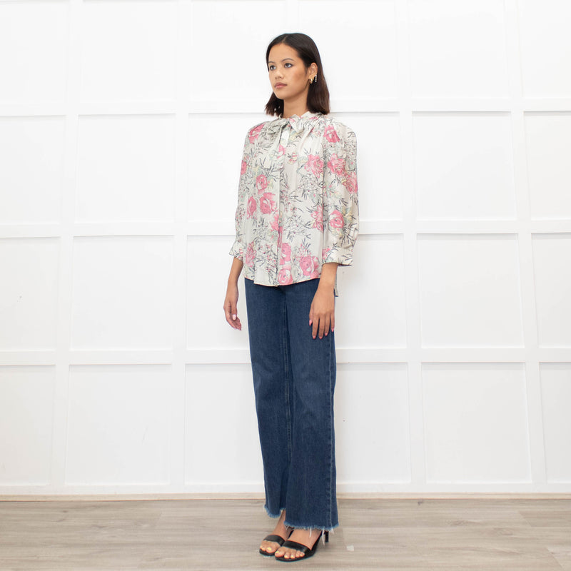 Zadig & Voltaire Pale Green and Pink Floral Tie Neck Blouse