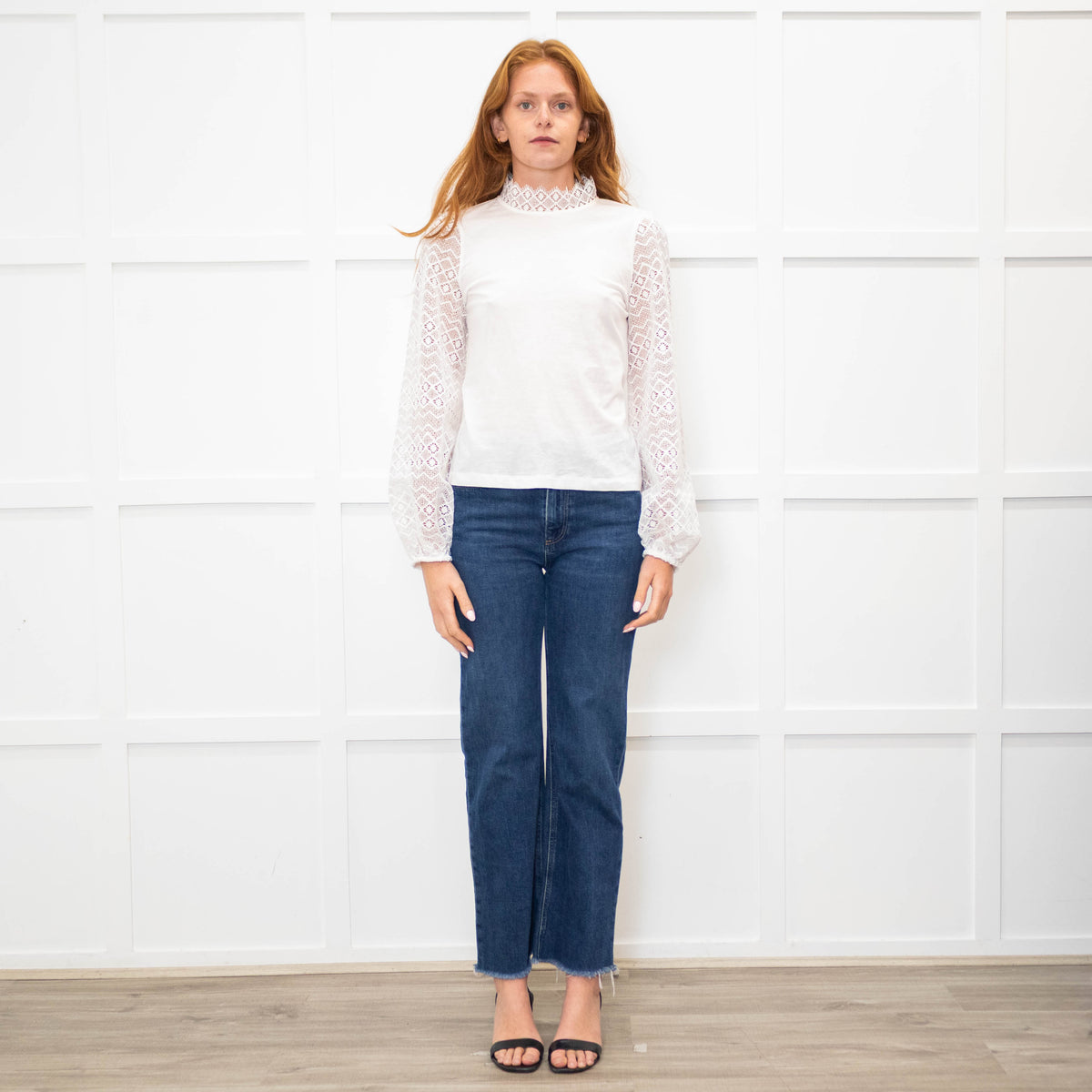 Me + Em White Lace High Neck Sleeve Top
