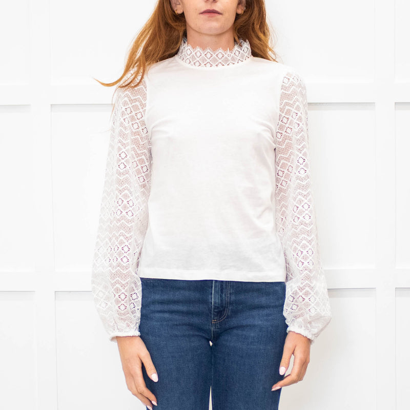 Me + Em White Lace High Neck Sleeve Top