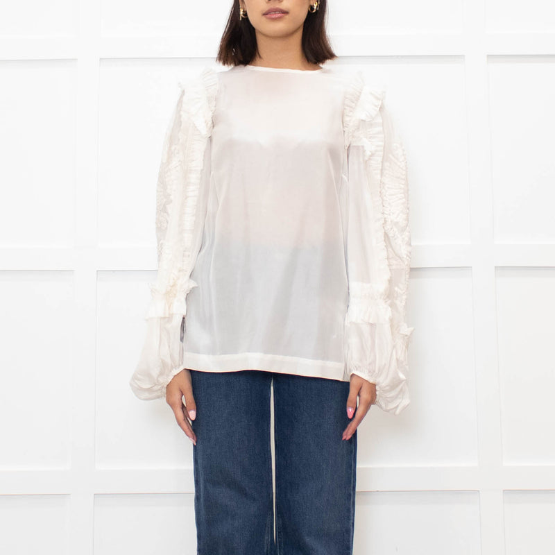 Dries Van Noten Cream Silk Blouse with Applique Sleeves
