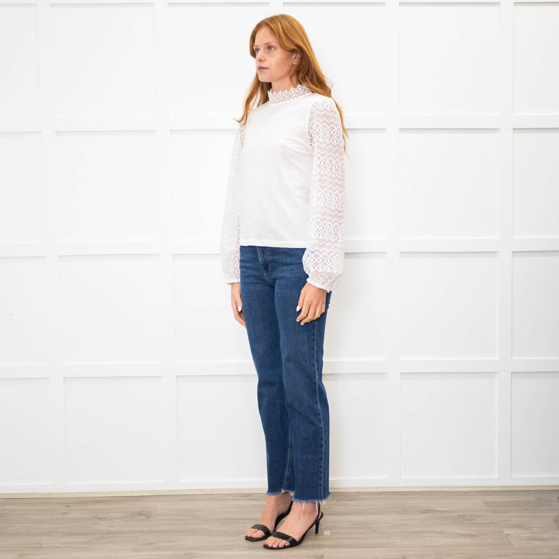 Me + Em White Lace High Neck Sleeve Top