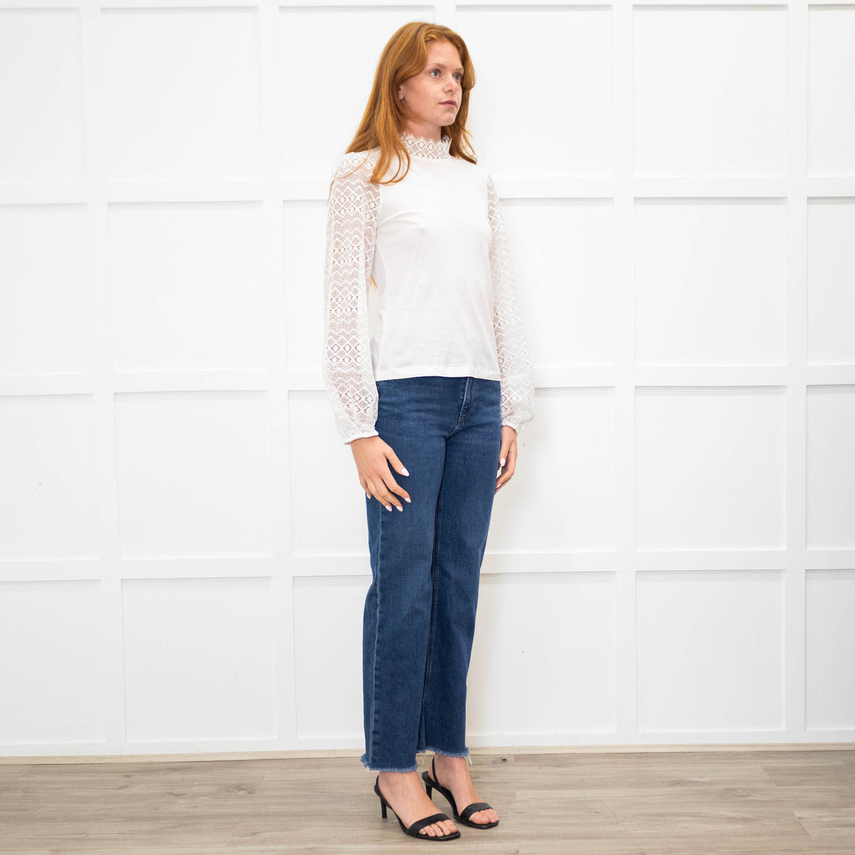Me + Em White Lace High Neck Sleeve Top