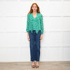 Rixo Green Cream Spot Print Neck Tie Top