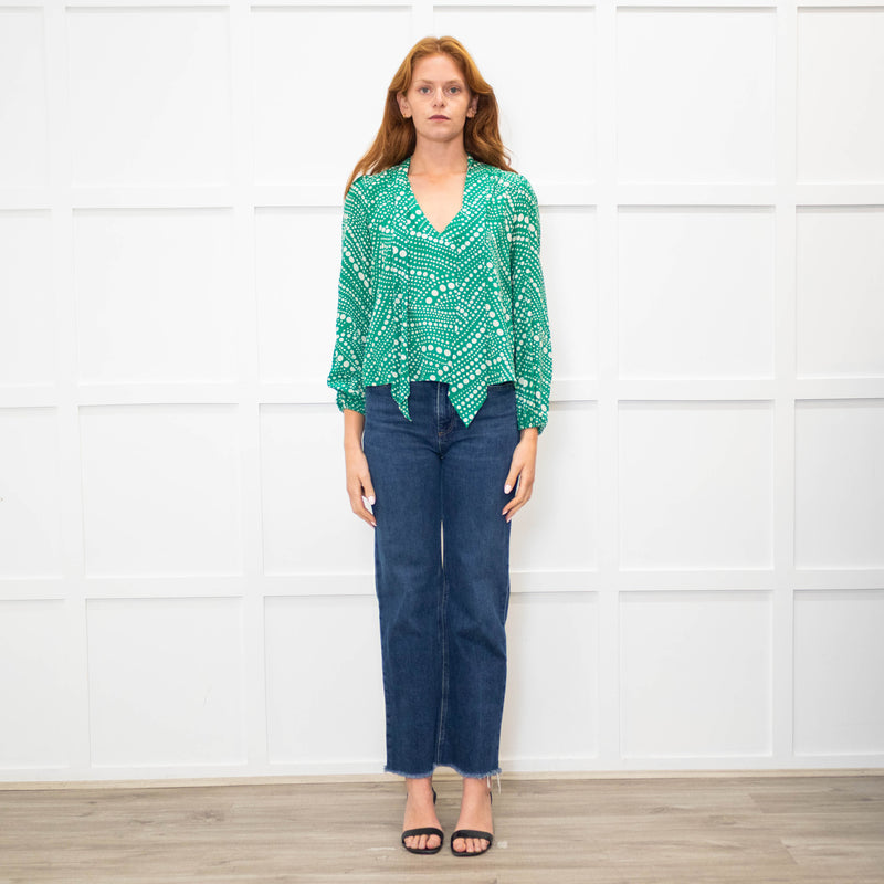 Rixo Green Cream Spot Print Neck Tie Top