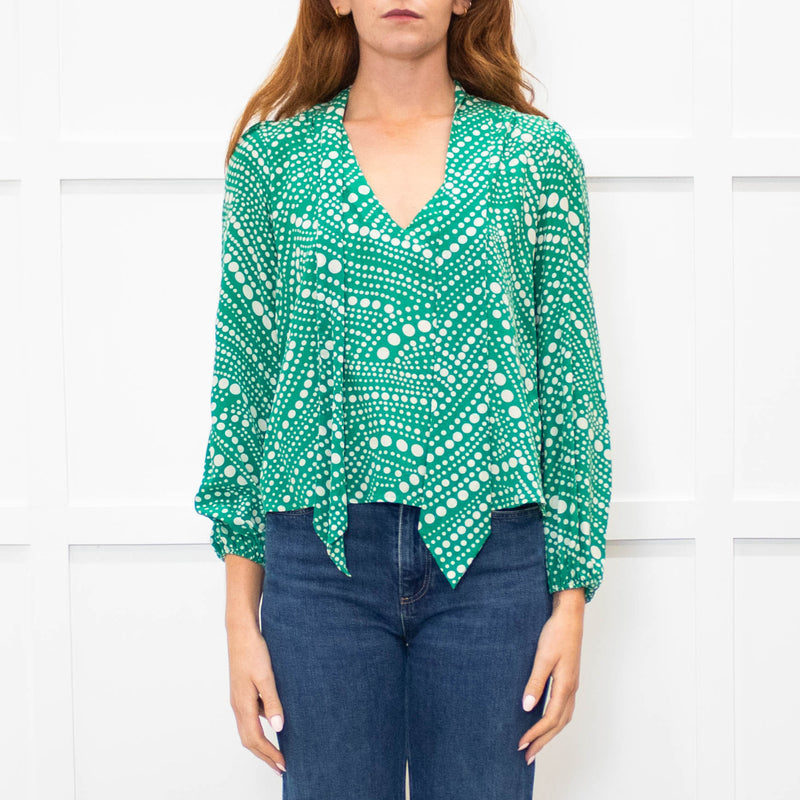 Rixo Green Cream Spot Print Neck Tie Top