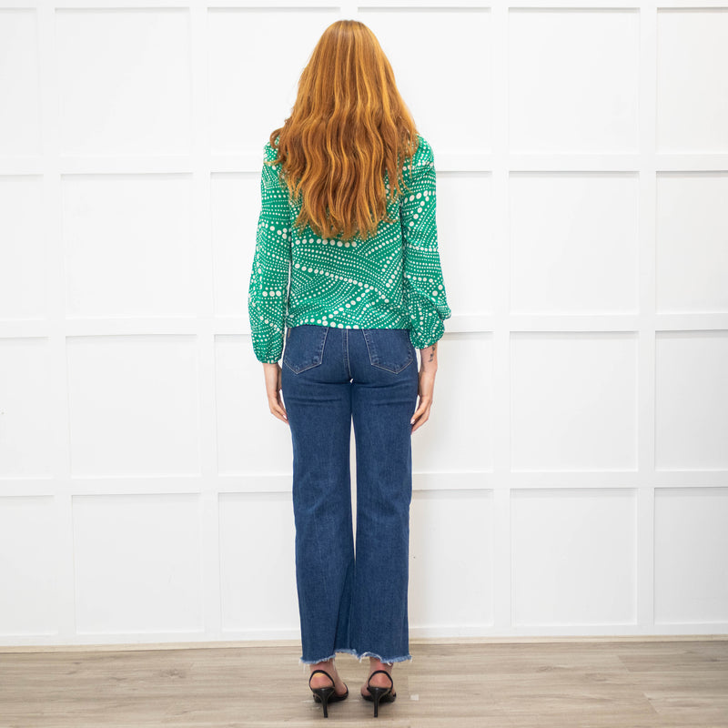 Rixo Green Cream Spot Print Neck Tie Top
