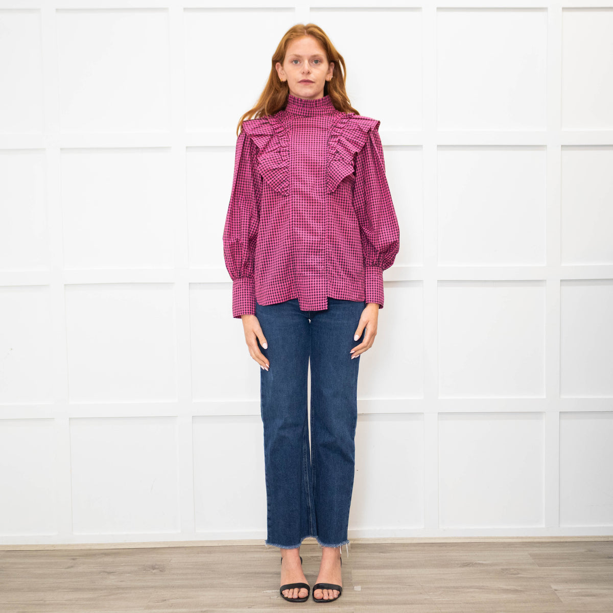 Ganni Pink Black Check High Neck Ruffle Front Blouse