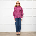 Ganni Pink Black Check High Neck Ruffle Front Blouse