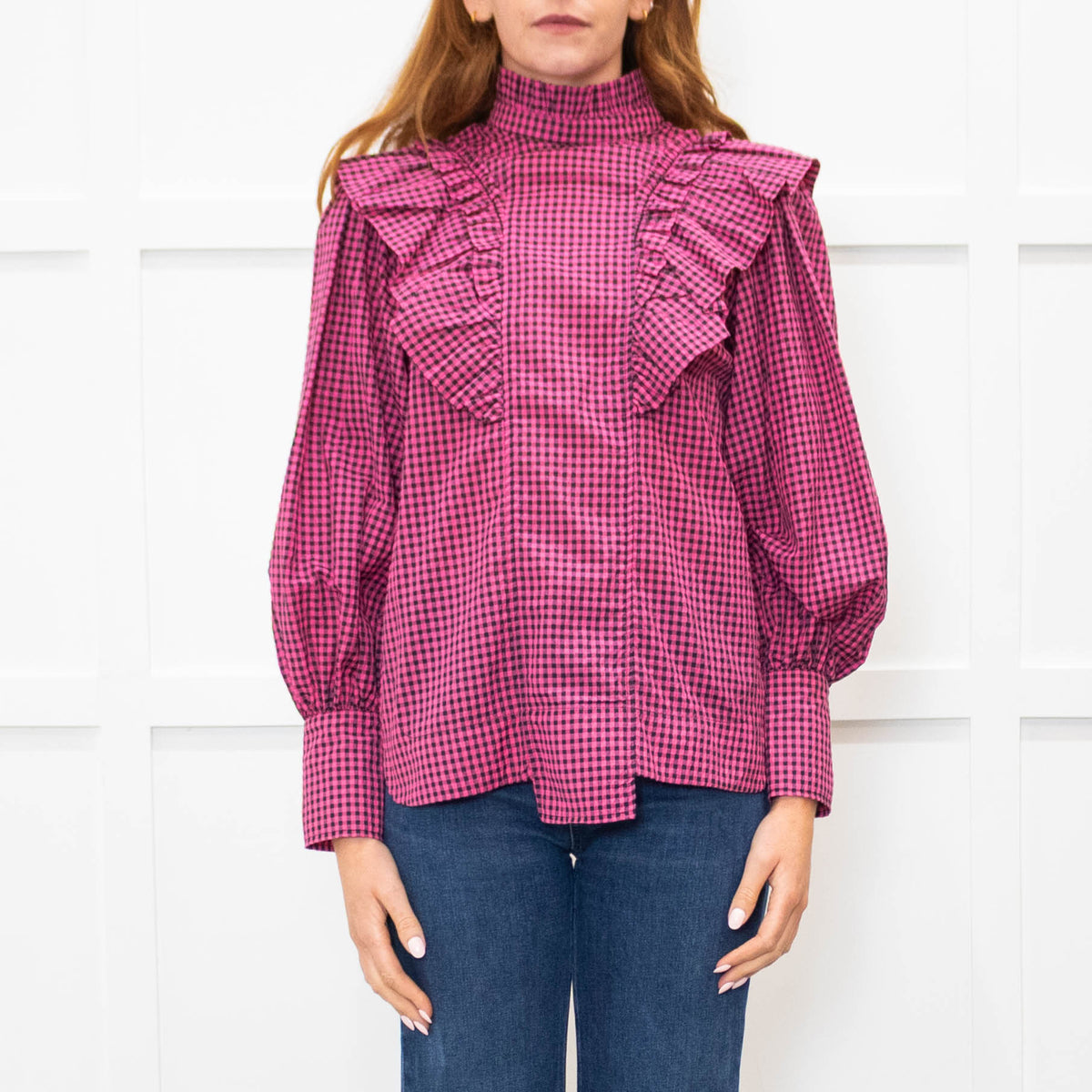 Ganni Pink Black Check High Neck Ruffle Front Blouse
