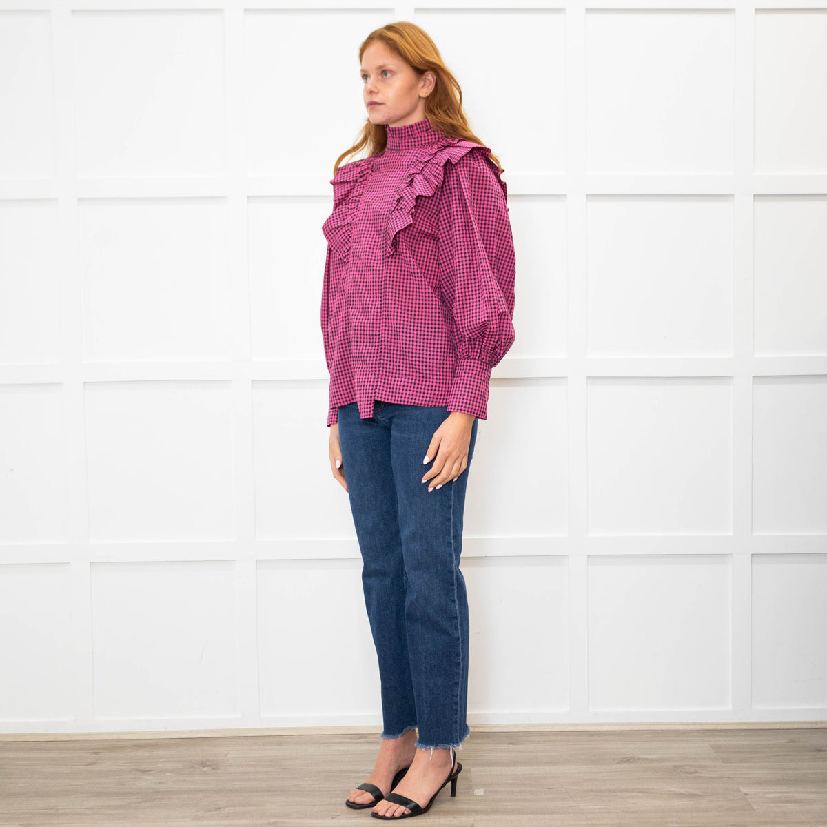 Ganni Pink Black Check High Neck Ruffle Front Blouse