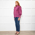 Ganni Pink Black Check High Neck Ruffle Front Blouse