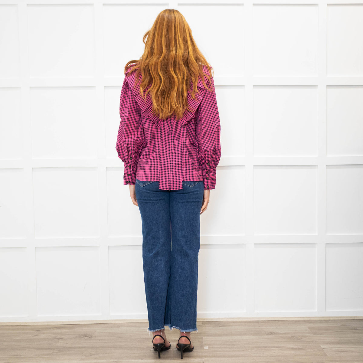 Ganni Pink Black Check High Neck Ruffle Front Blouse