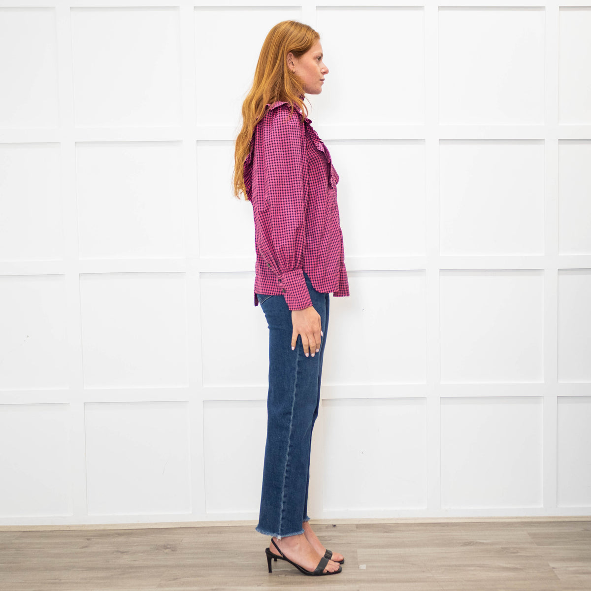 Ganni Pink Black Check High Neck Ruffle Front Blouse