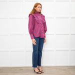 Ganni Pink Black Check High Neck Ruffle Front Blouse